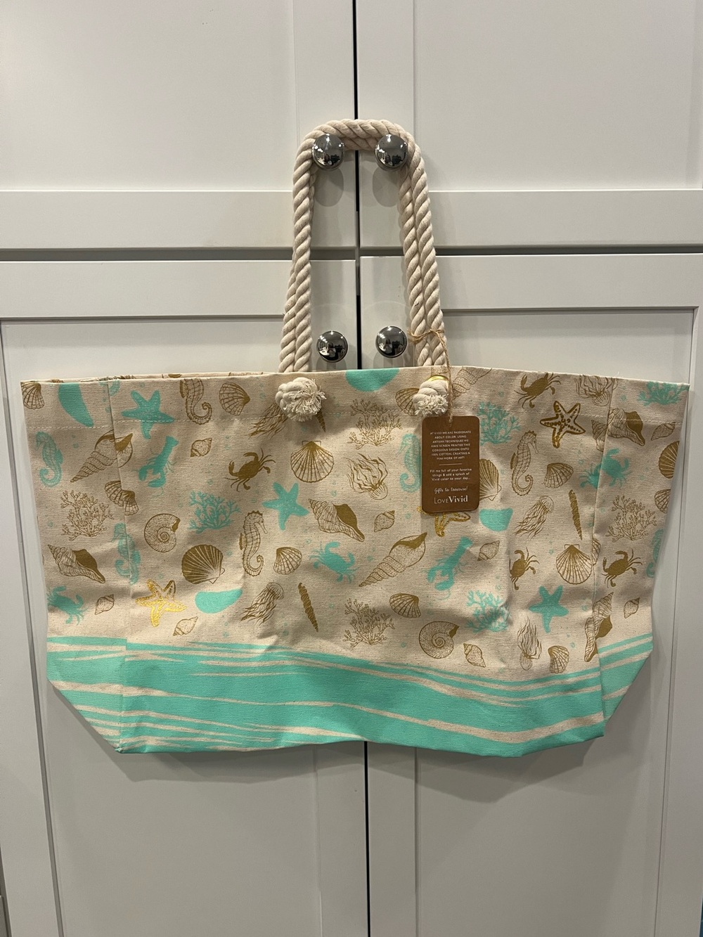 BNWT Love Bivid Seashell Print Beach Tote in Aqua Cream and Gold
